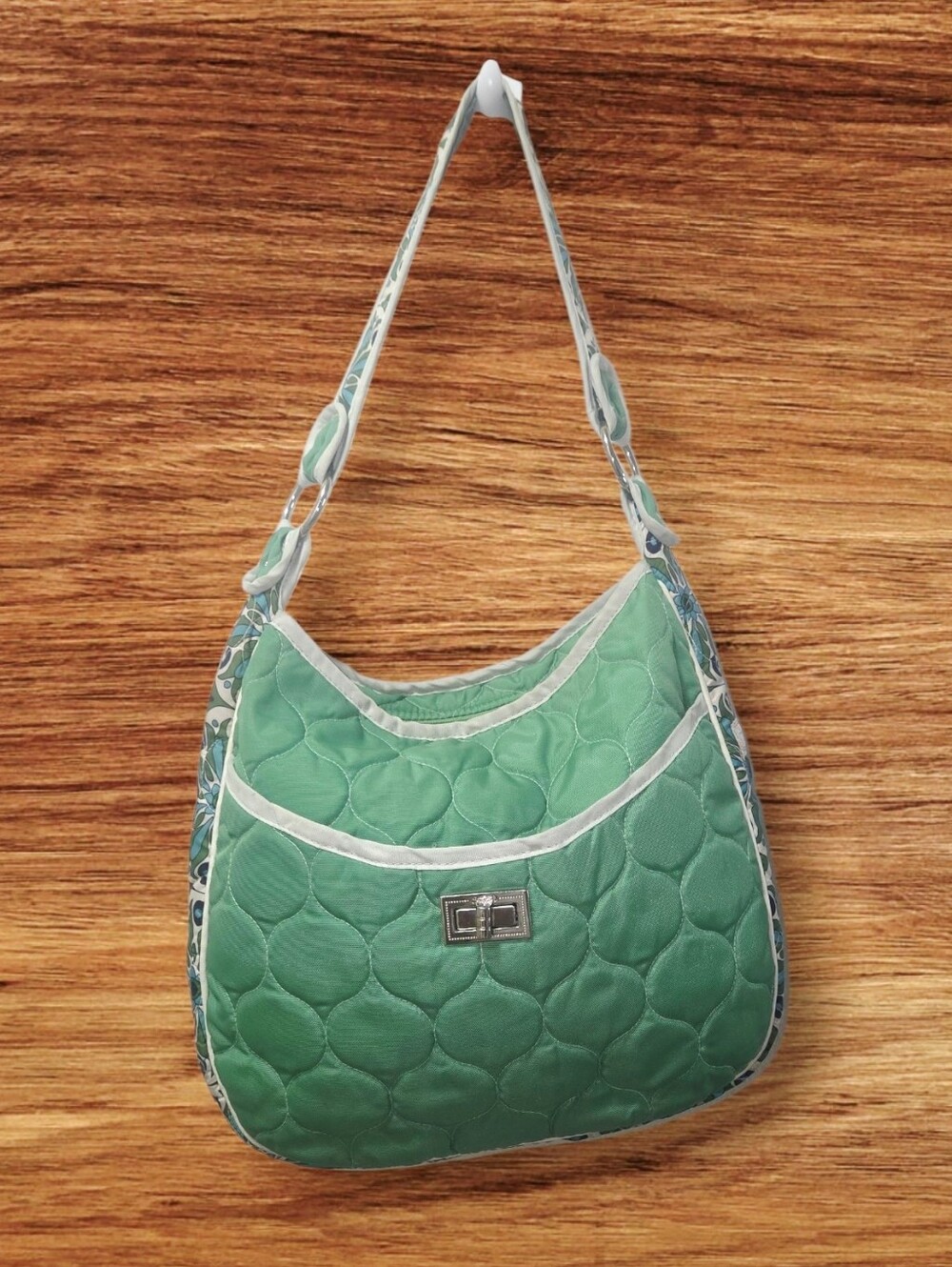Quilted Nylon Mint Green Shoulder Bag With Floral Accent Lightweight Purse